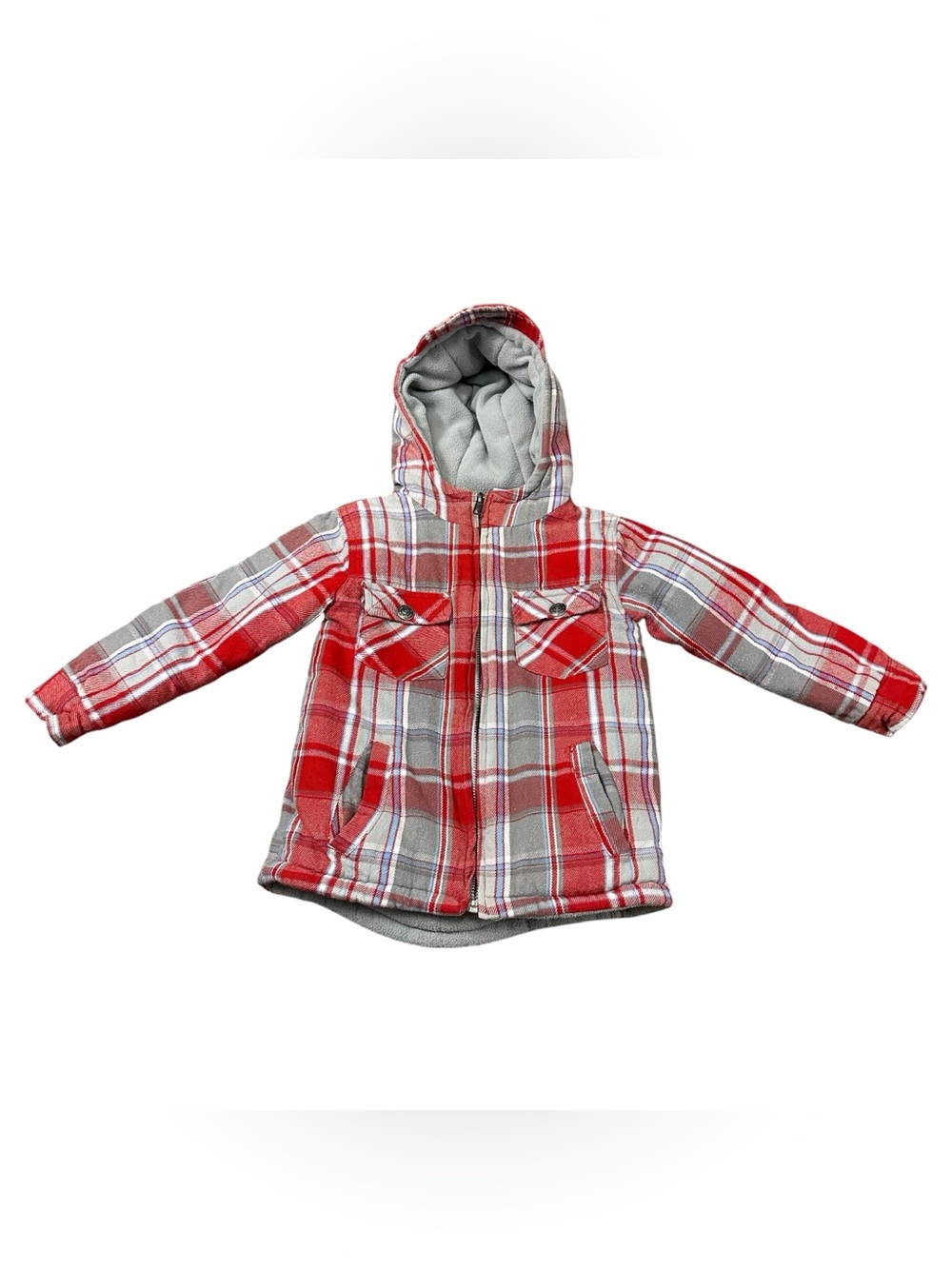 Kids R Us Boys 4T Red Gray Plaid Fleece Lined Hooded Jacket Coat